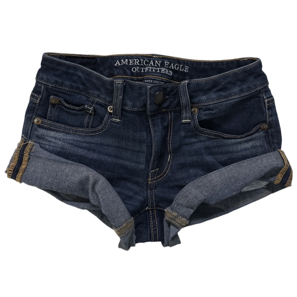 AMERICAN EAGLE women's dark faded lowrise folded mini jean shorts, 00.